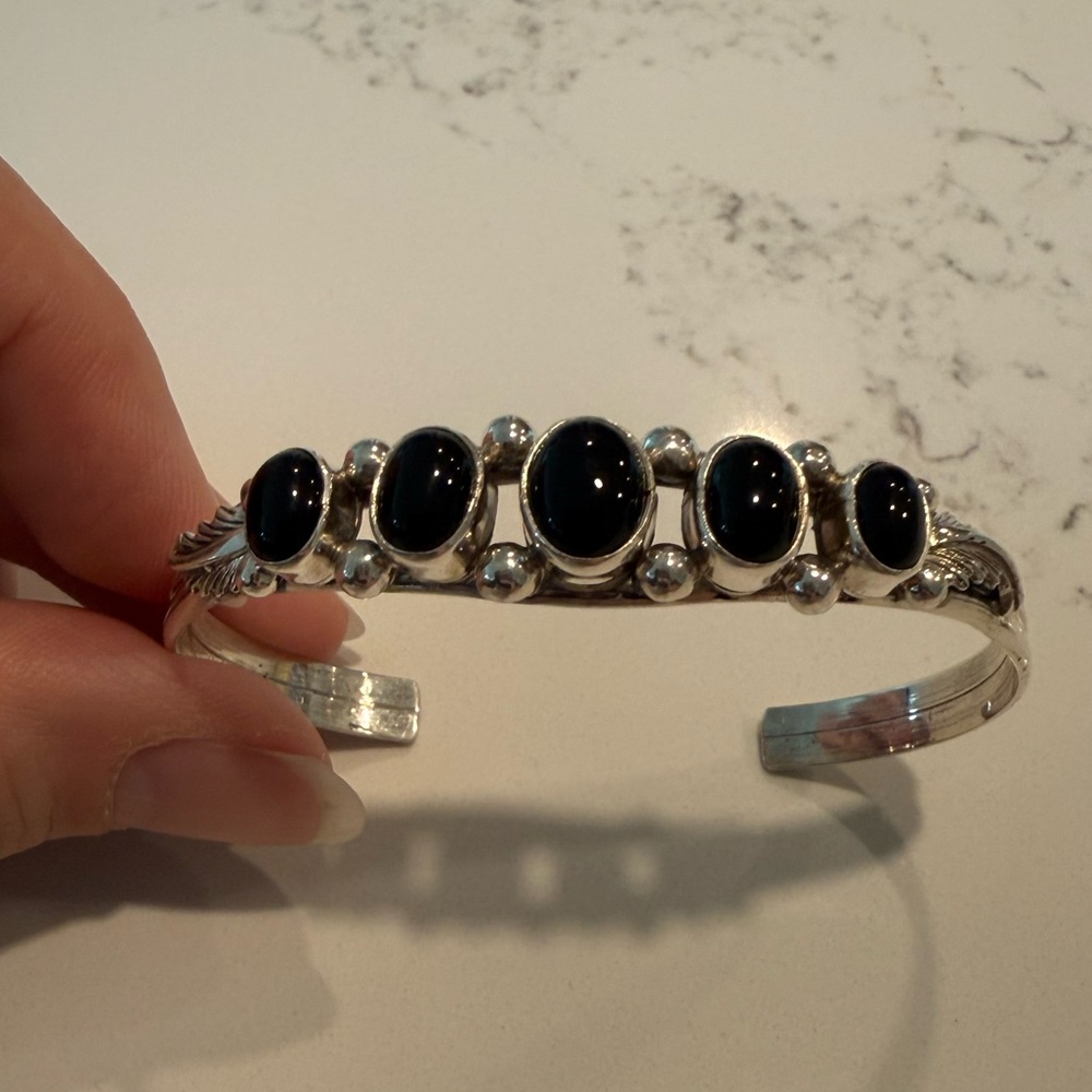 Native American SL Stamped Sterling Silver and Black Onyx Cuff